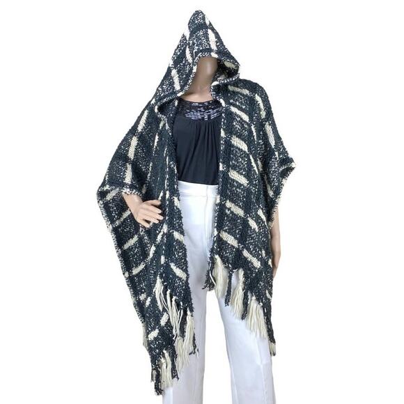 Maurices Women Black White Plaid Fringed Open Front Cardigan Hooded Poncho OS - Picture 2 of 6